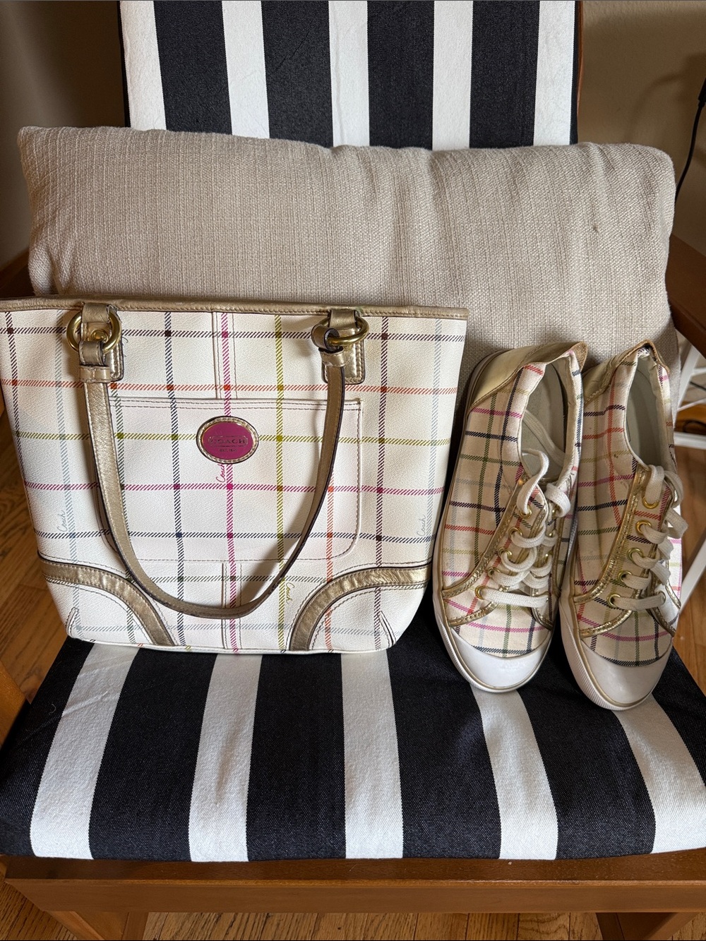 Coach Tattersal Tote Bag in Cream with Gold Trim and Sneakers 8